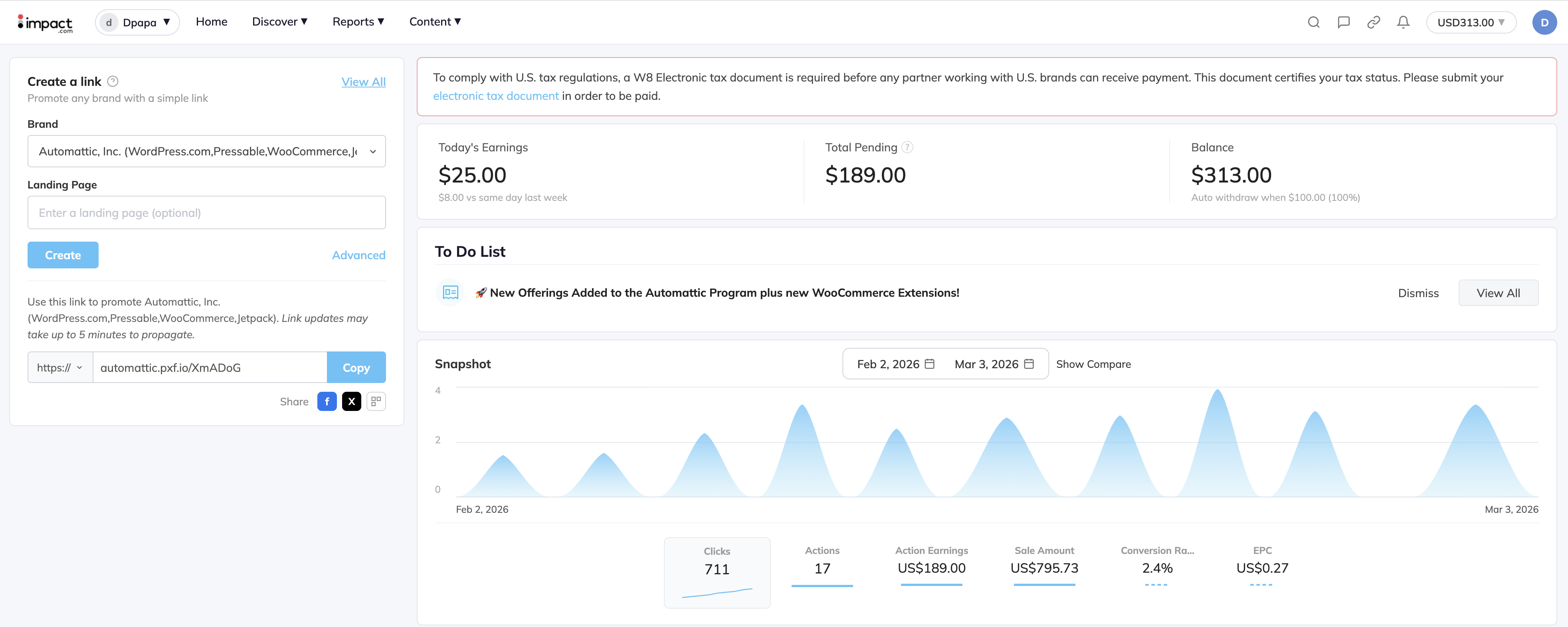Impact affiliate earnings proof